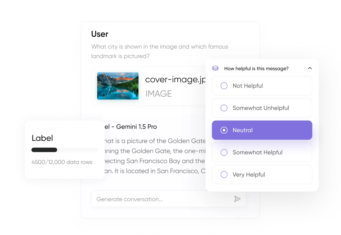 An AI model evaluation UI showing a user query, an incorrect AI response, and a feedback module.