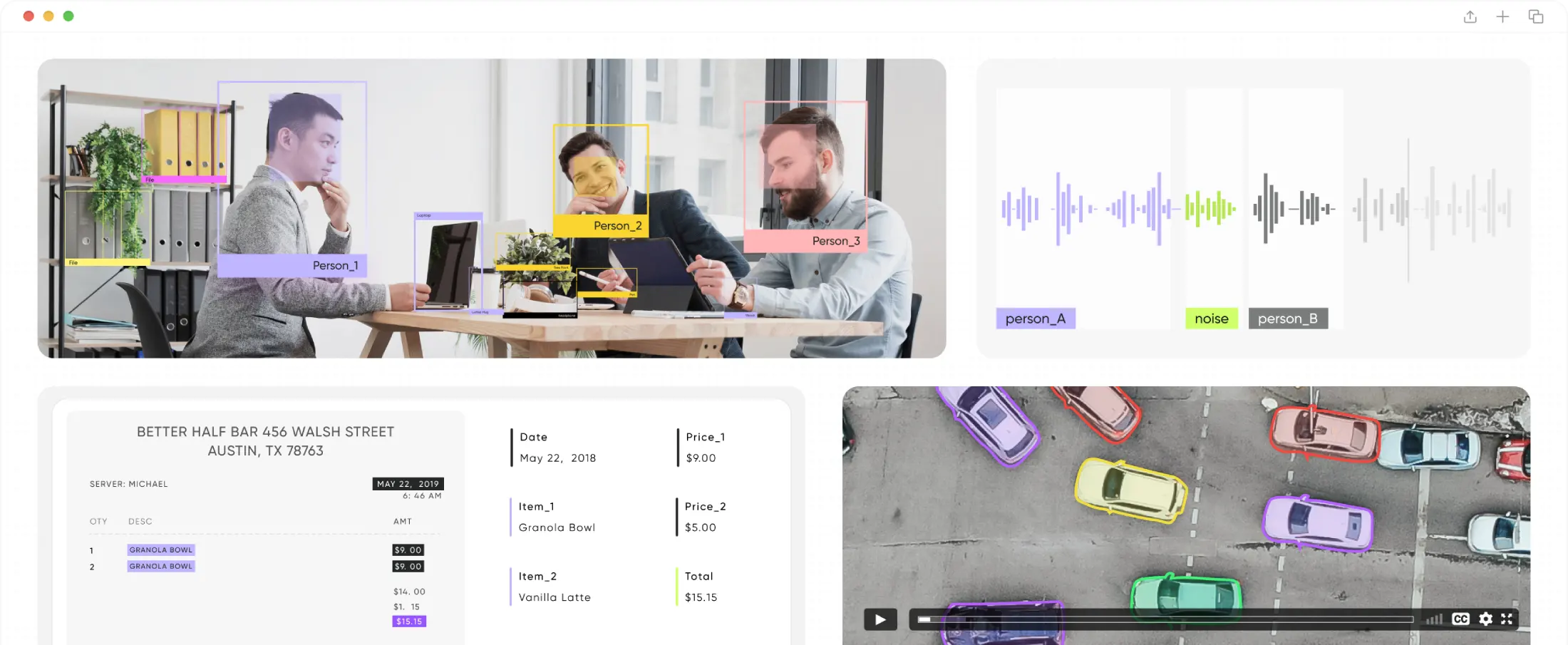 AI data annotation capabilities for images, audio, documents, and video, including object detection.